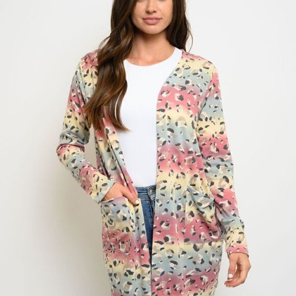 NEW! Women's Animal Print Multi Colored Long Sleeve Open Cardigan with Pockets - Picture 2 of 4